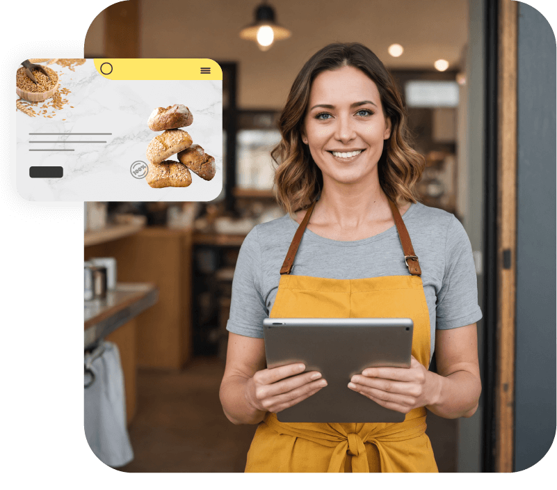 Successful bakery owner using tablet to manage online business with domain-powered website
