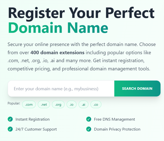 Domain search interface showing successful business registration