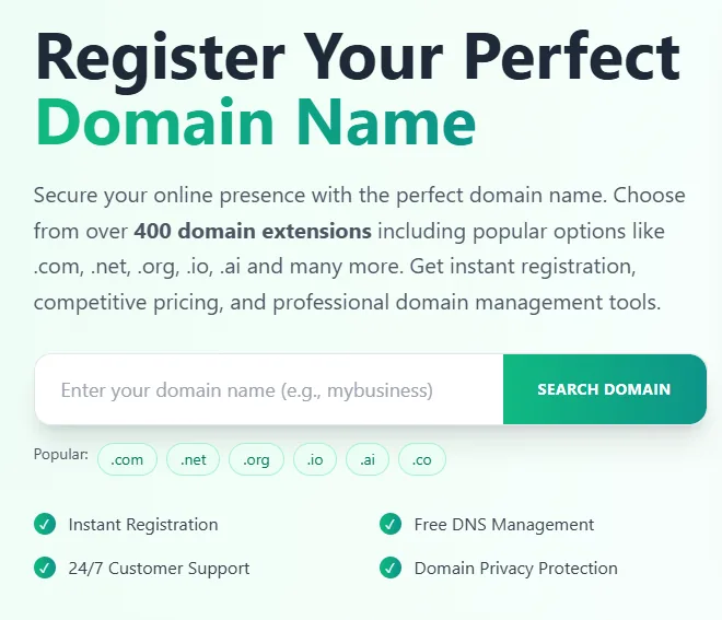 Domain search interface showing successful business registration