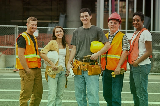 Construction company branding and naming strategy workspace with blueprints and tools