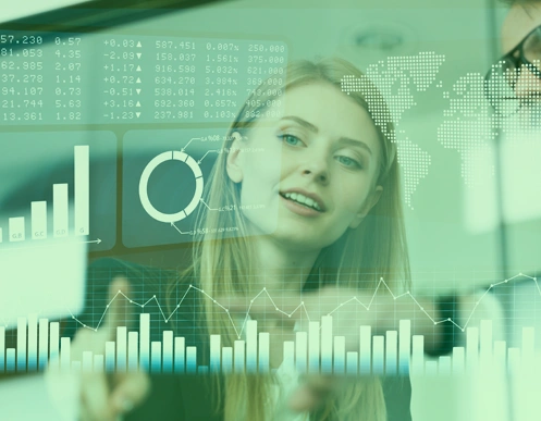 Professional data analytics workspace with business intelligence tools and dashboards