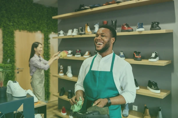 Professional shoe store branding workspace with footwear display and naming strategies