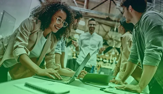 Modern startup workspace with entrepreneurs brainstorming business names