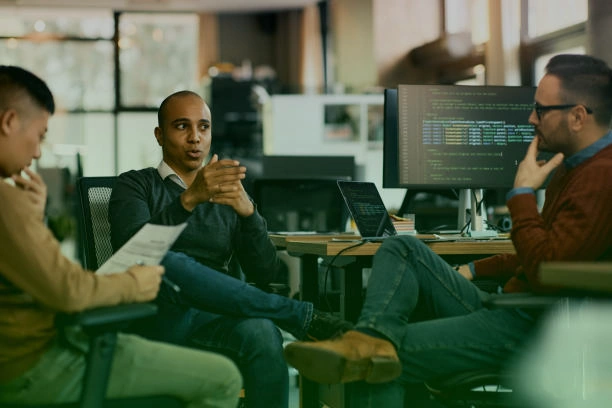 Professional technology company naming workspace with digital innovation elements